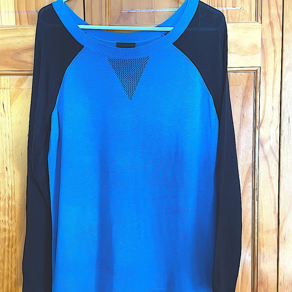 Turquoise and black long sleeve sweater.